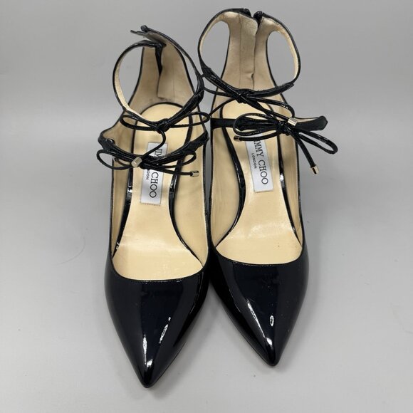 Jimmy Choo Vintage Black Sage 85 Bow Pump Pointed Toe Leather Sz EU 38 US 7 - Picture 6 of 11